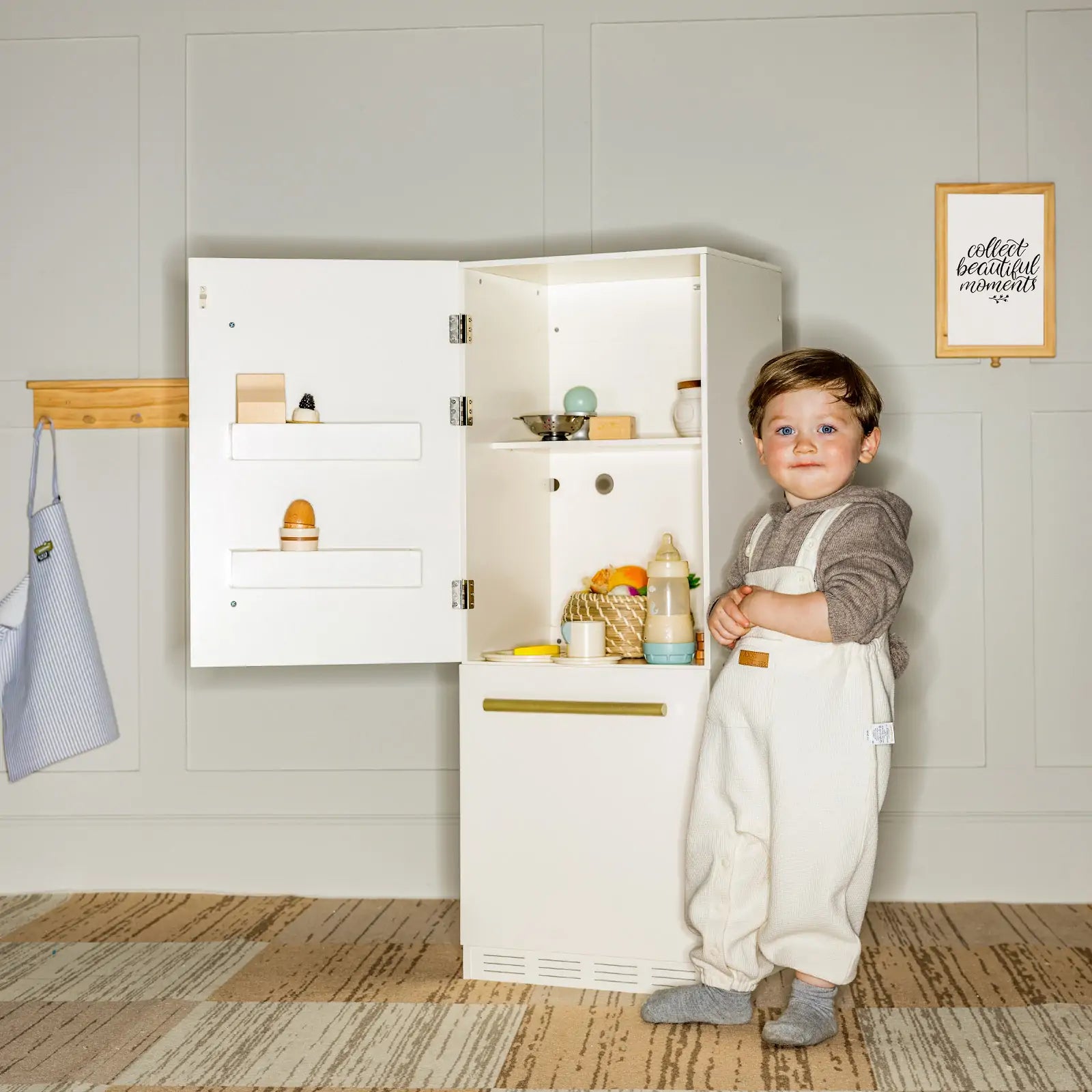 Play Kitchen Accessories – Play Kitchen Fridge: Wooden Cabinet Refrigerator for Kids