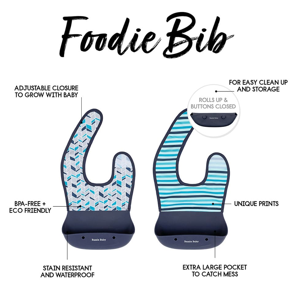 Foodie® Roll Up & Button Closed Bib 2-Pack: Silicone + Fabric