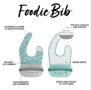 Foodie® Roll Up & Button Closed Bib 2-Pack: Silicone + Fabric