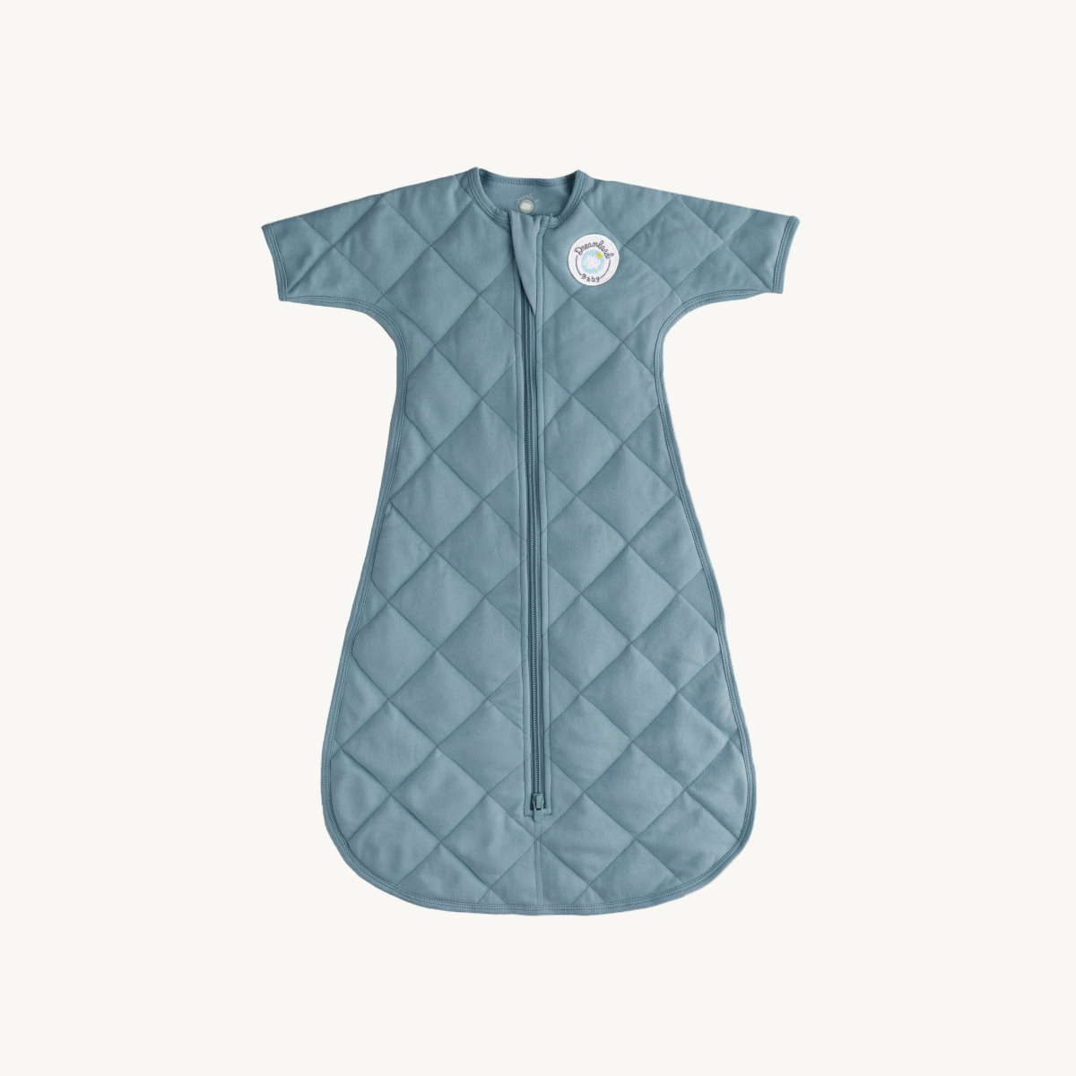 Blue quilted baby sleep sack with a brand logo on a white background