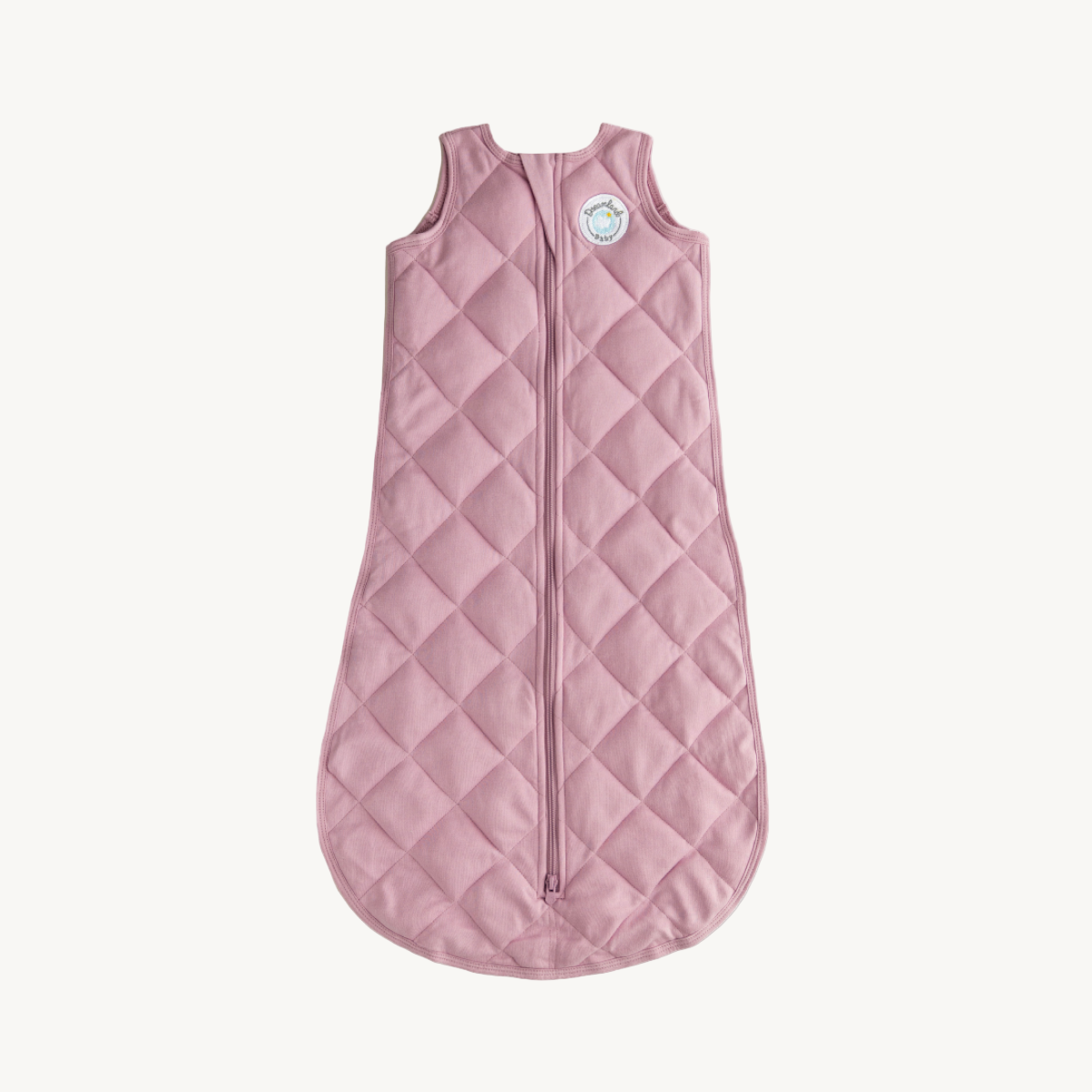 Pink quilted baby sleeping sack swaddle with a brand logo on a white background