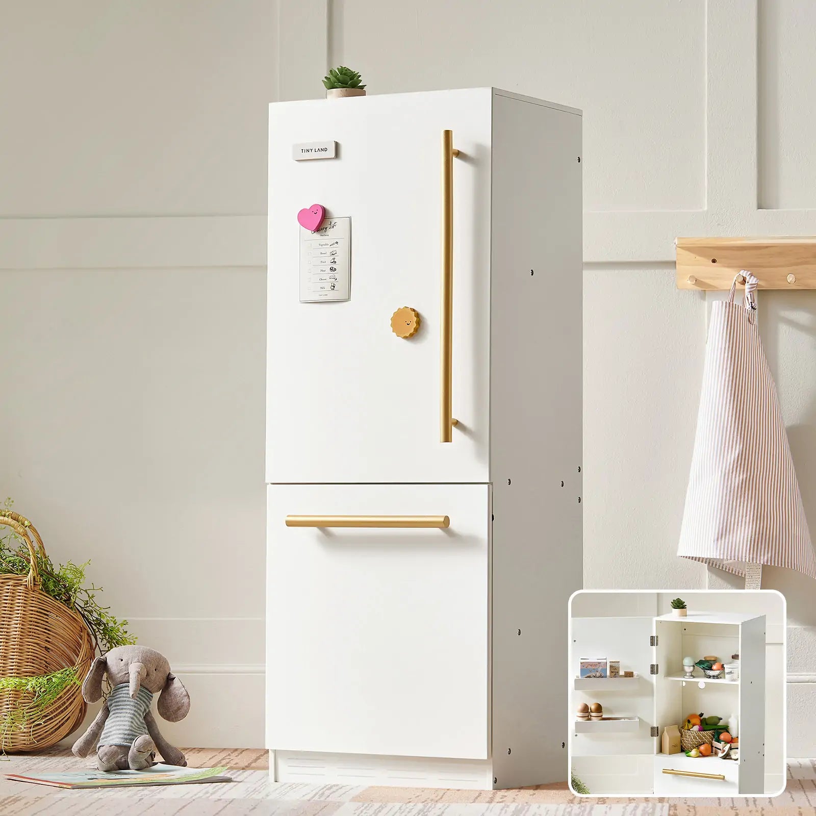 Play Kitchen Accessories – Play Kitchen Fridge: Wooden Cabinet Refrigerator for Kids