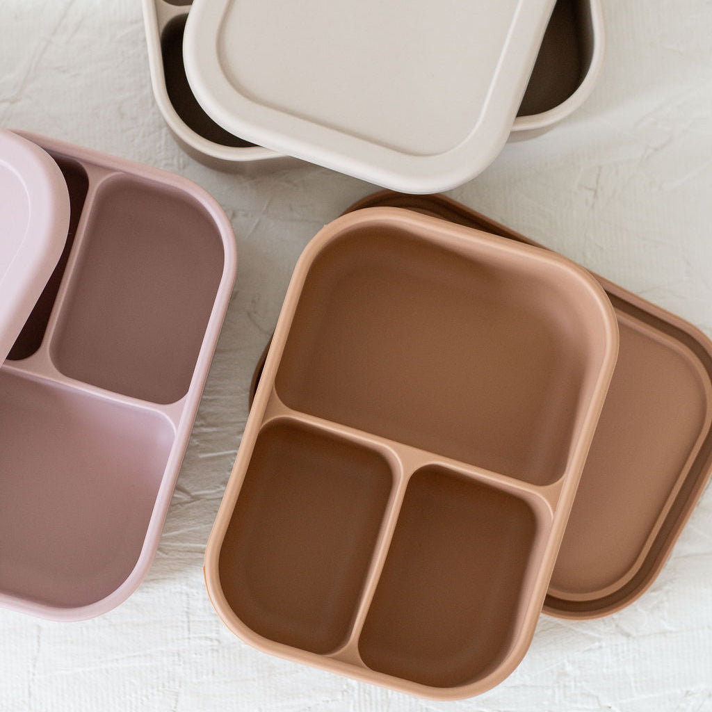 Set of divided plates and lids in various colors on a light surface