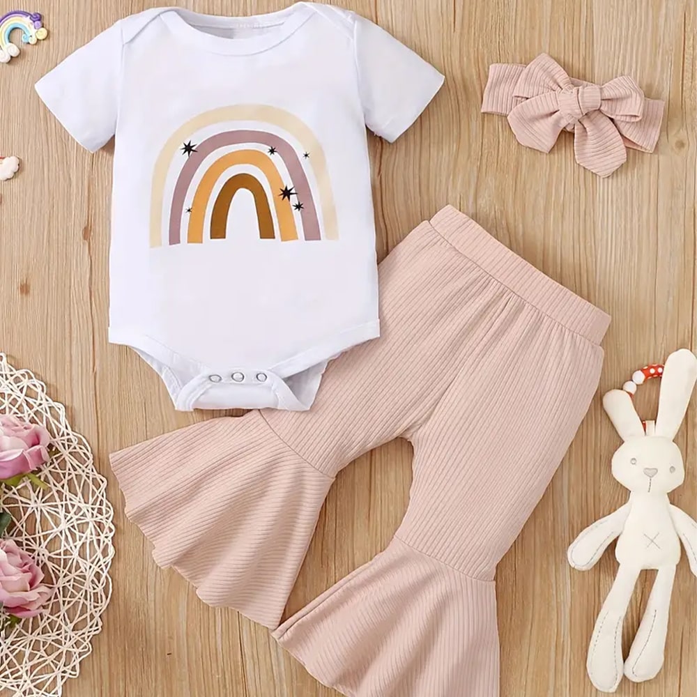 Rainbow Onesie + Flare Pant + Headband Set