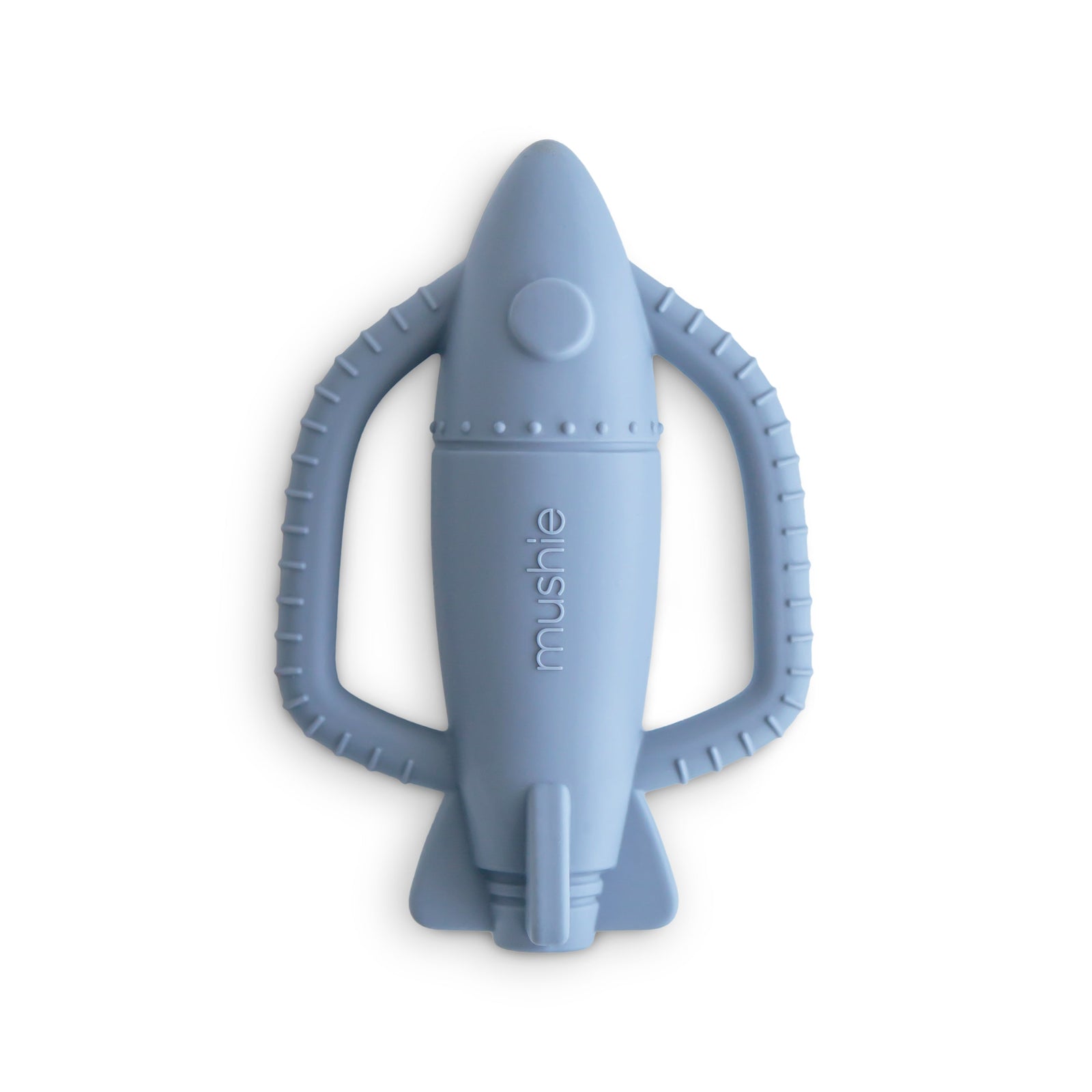 Blue rocket-shaped teether with 'mushie' branding on a white background
