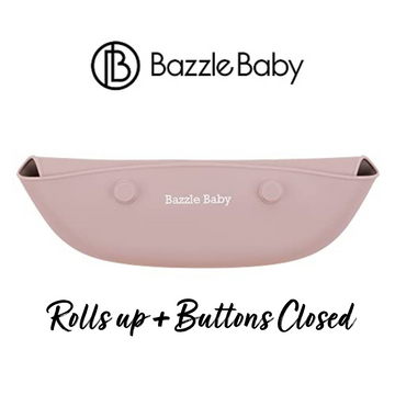 2 - pack of silicone baby bibs with food catching pocket in pink and cranberry.