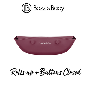 2 - pack of silicone baby bibs with food catching pocket in pink and cranberry.