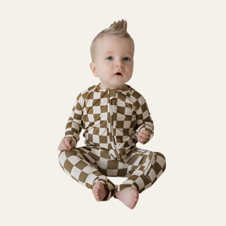 Bamboo Zip Pajamas  | Olive Checkerboard