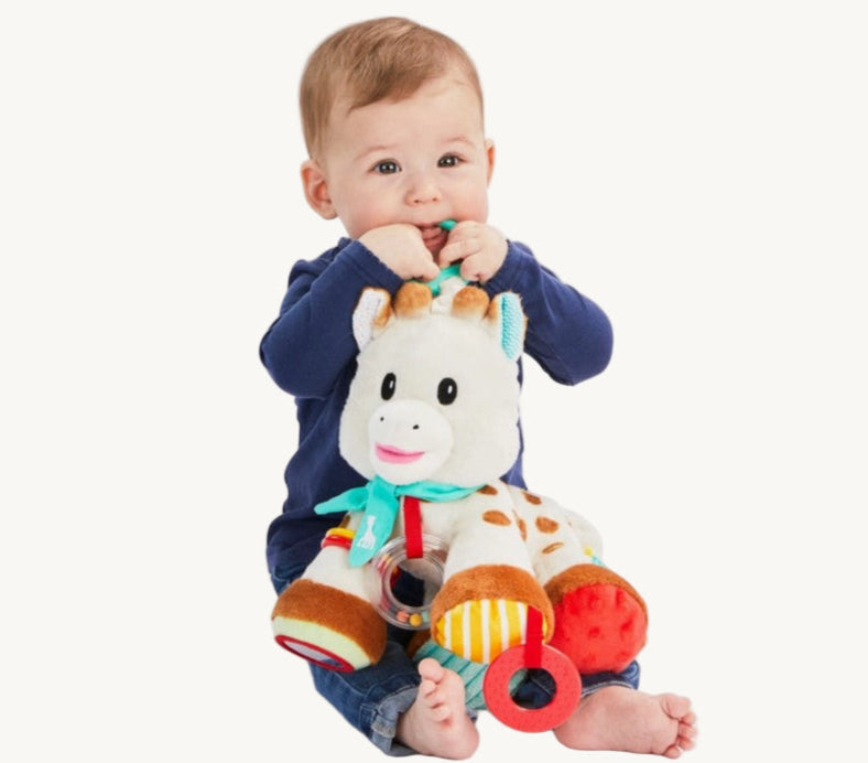 A baby sitting on the floor interacting with a colorful plush toy giraffe with a teething ring attached to its head.