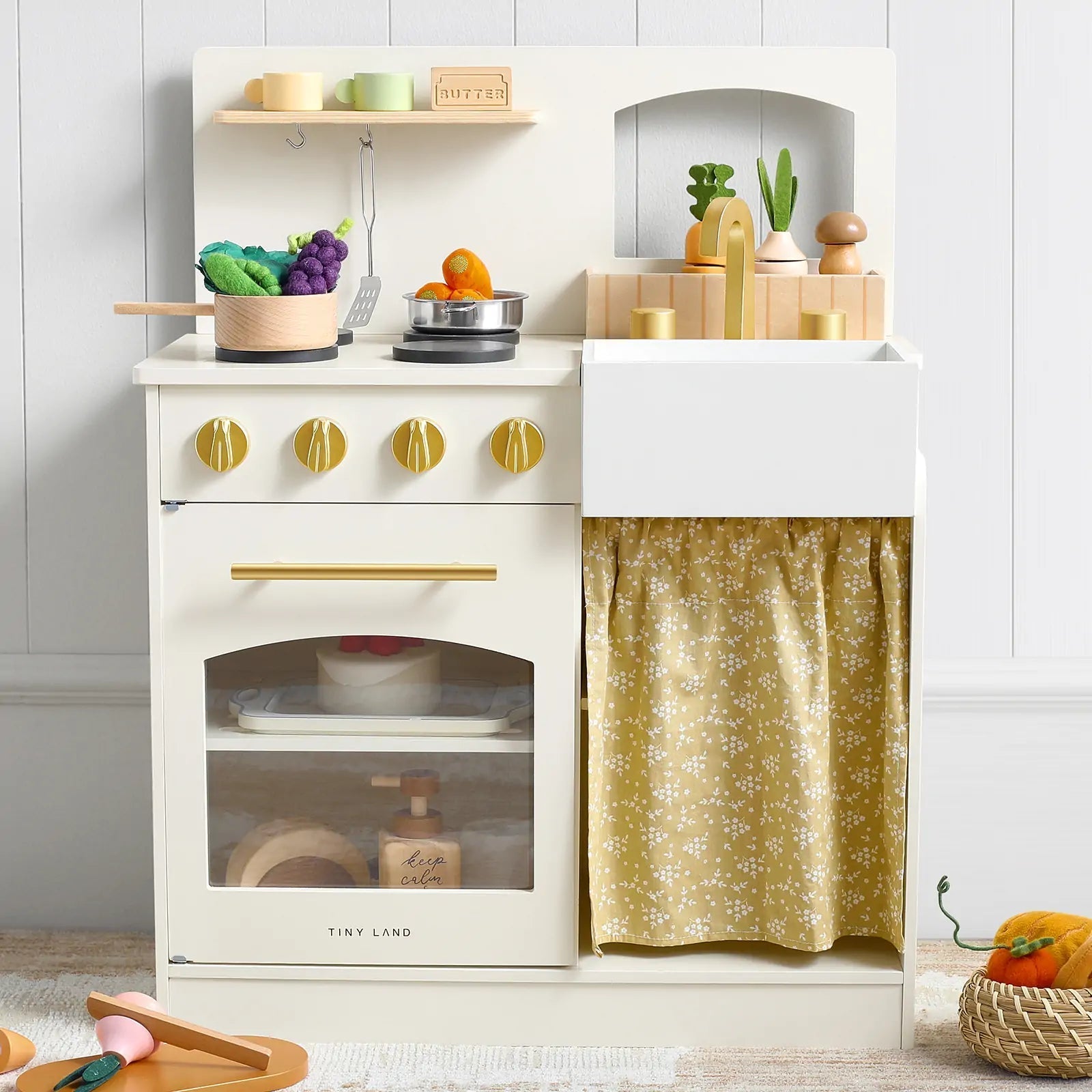 Wooden Play Kitchen for Toddlers - Honey Kitchenette Pretend Cooking Set