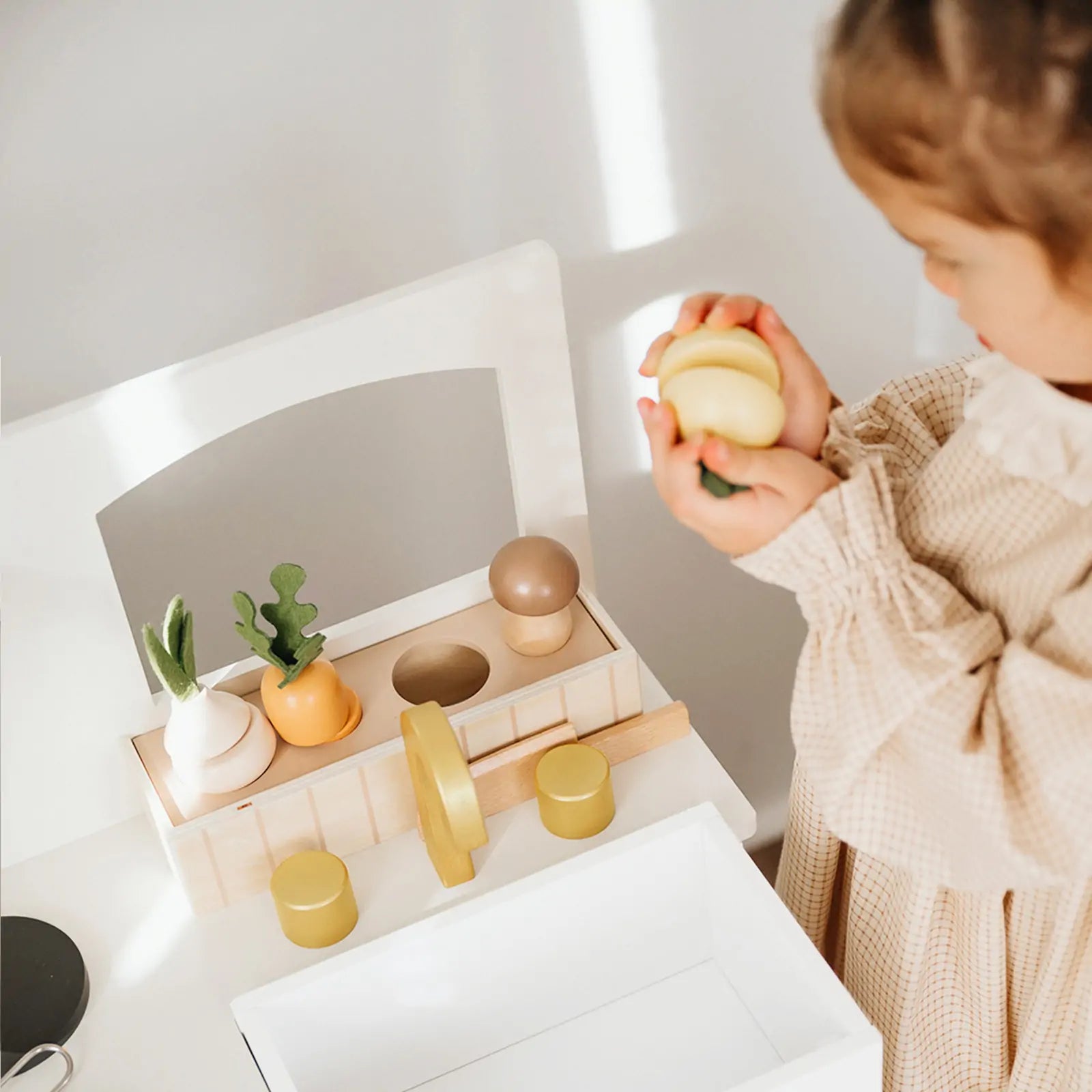 Wooden Play Kitchen for Toddlers - Honey Kitchenette Pretend Cooking Set