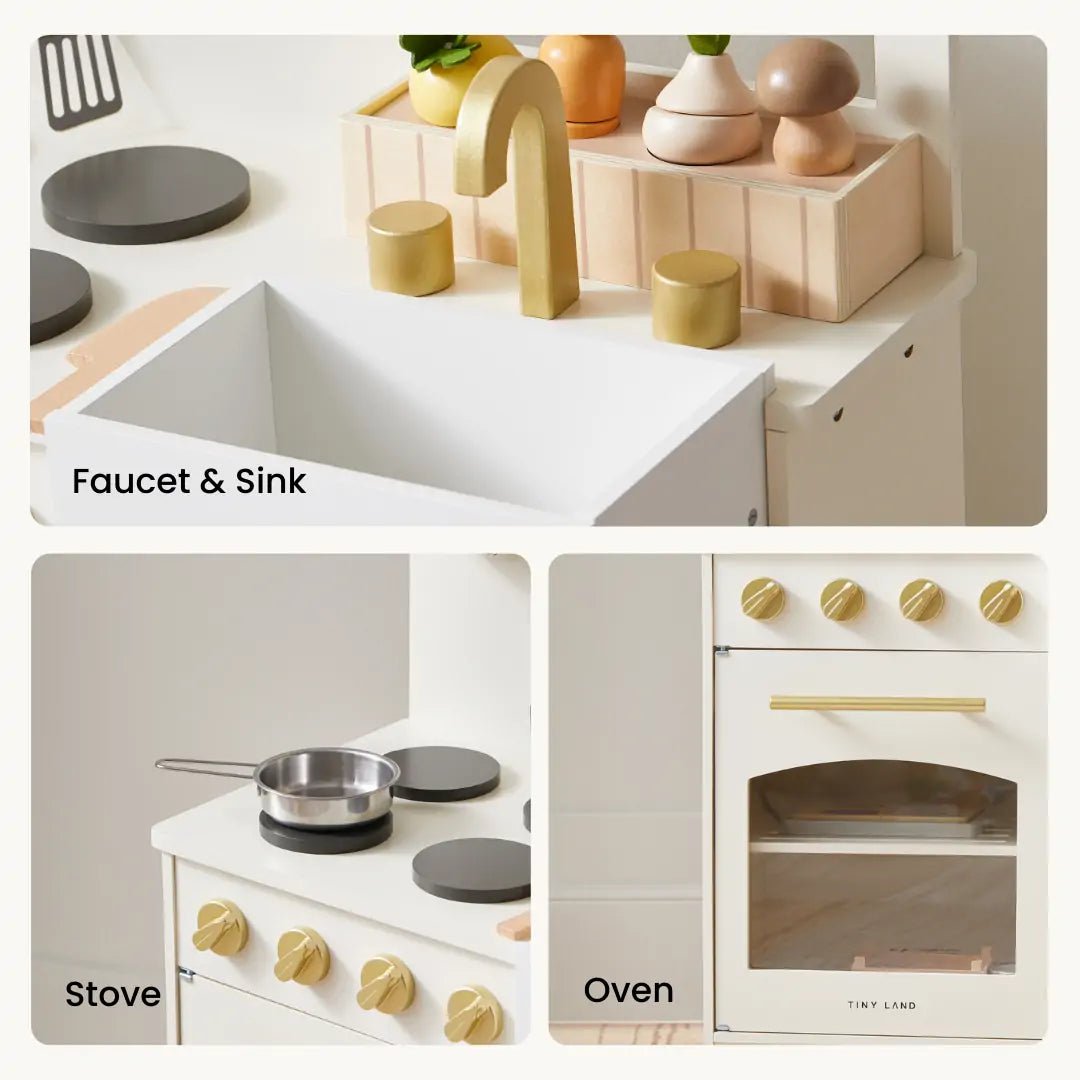 Wooden Play Kitchen for Toddlers - Honey Kitchenette Pretend Cooking Set