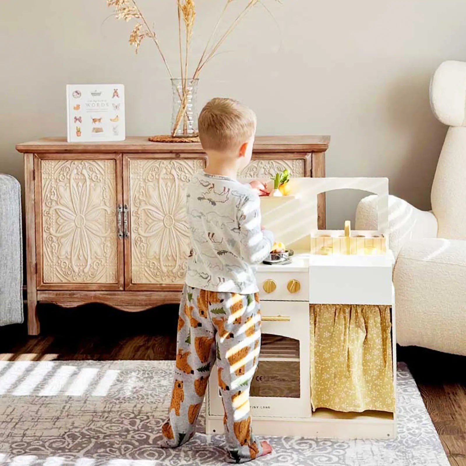 Wooden Play Kitchen for Toddlers - Honey Kitchenette Pretend Cooking Set