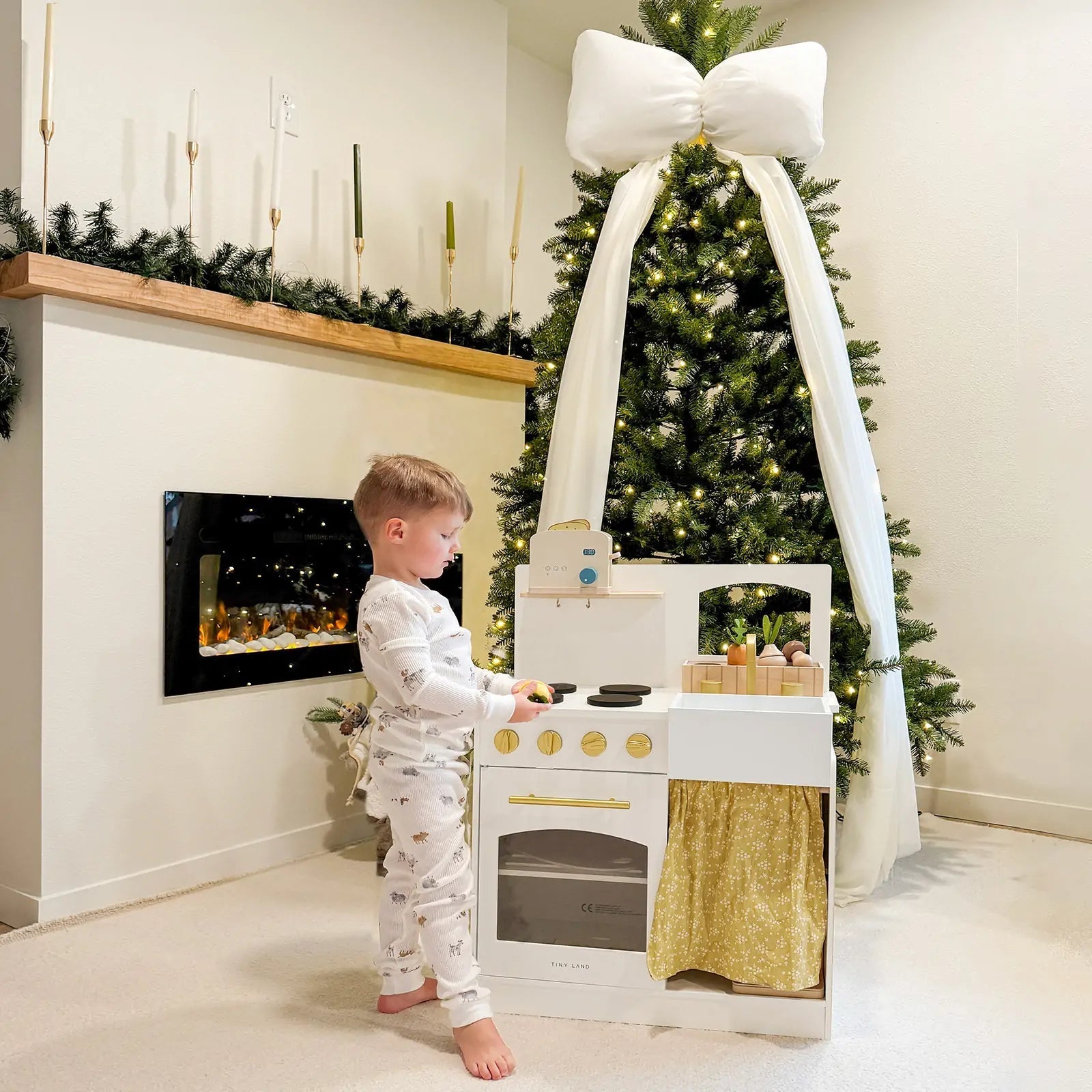 Wooden Play Kitchen for Toddlers - Honey Kitchenette Pretend Cooking Set