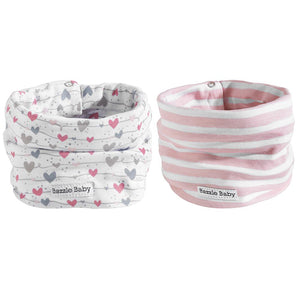 Wavy hearts and lines pink and white baby infinity scarf style drool bibs.