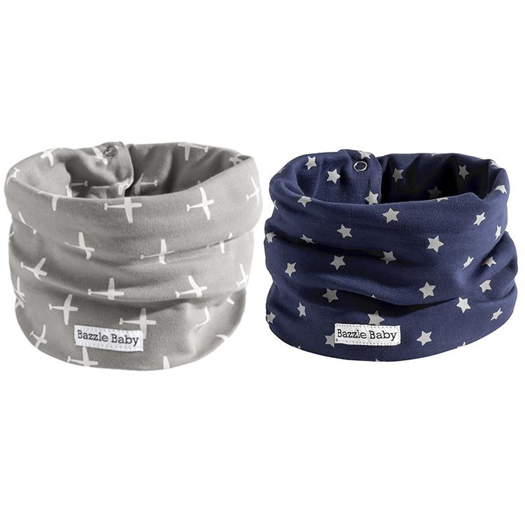 Grey airplanes and navy stars baby infinity style scarf drool bib.