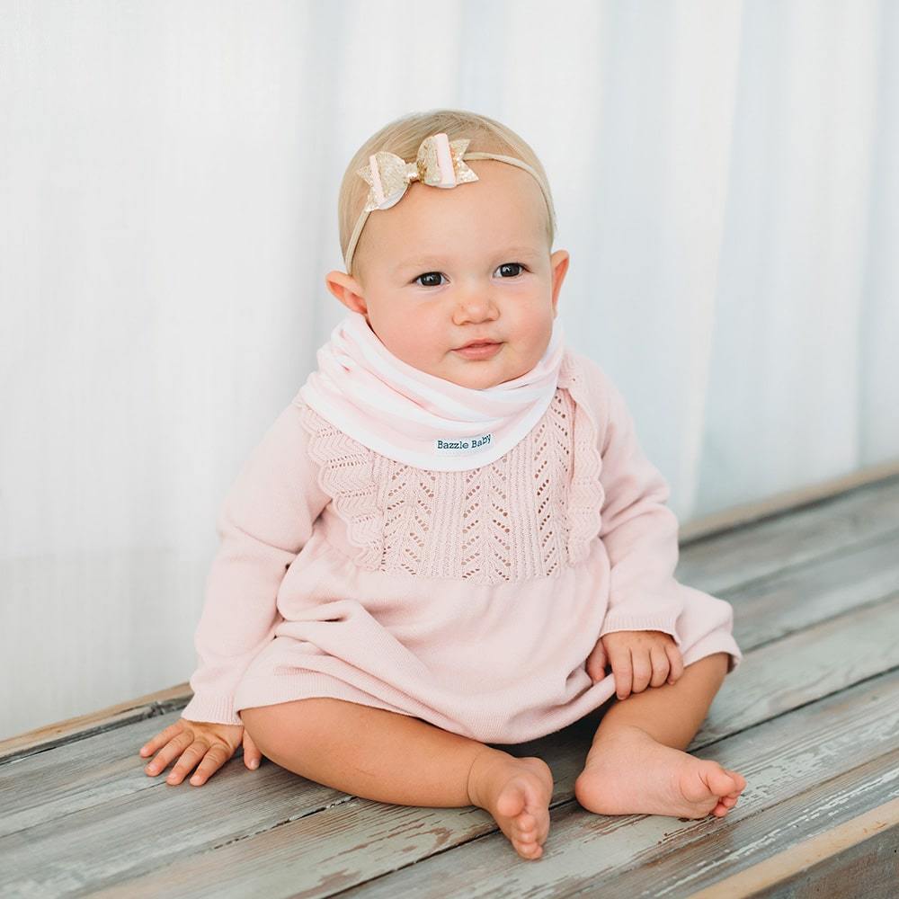 Wavy lines and hearts baby infinity scarf style drool bib and travel stroller blanket with clips.