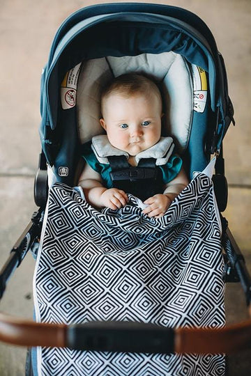 Black and white travel stroller blanket with clips and fuzzy fleece back. 