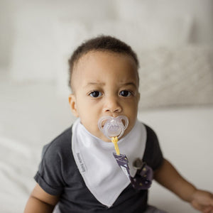 Bazzle Baby PaciLoop attached pacifiers and loveys to bib, clothing or carseats. Grey and yellow confetti.
