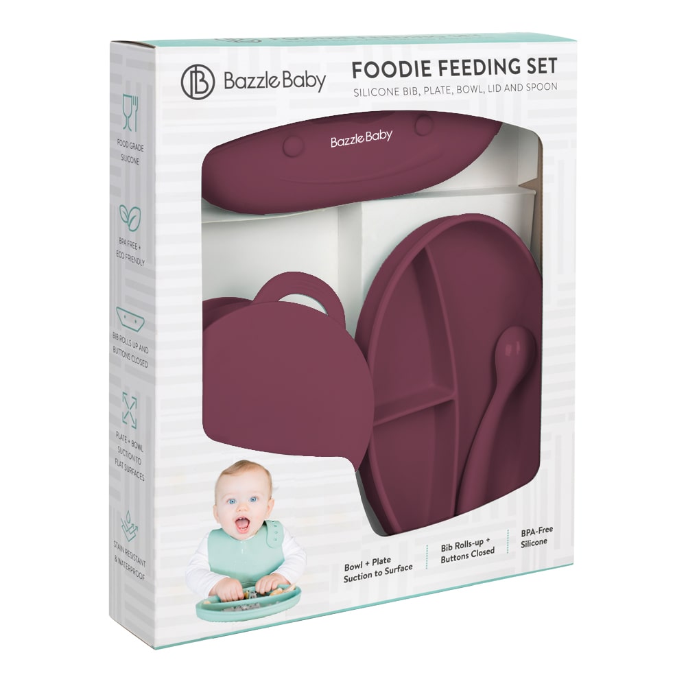 Silicone Feeding Set with Bib, Bowl, Plate and Spoon in Cranberry.