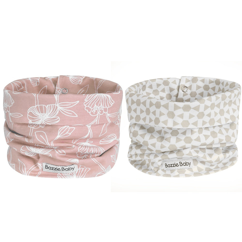 Pink & Tan baby infinity style scarf drool bib. 