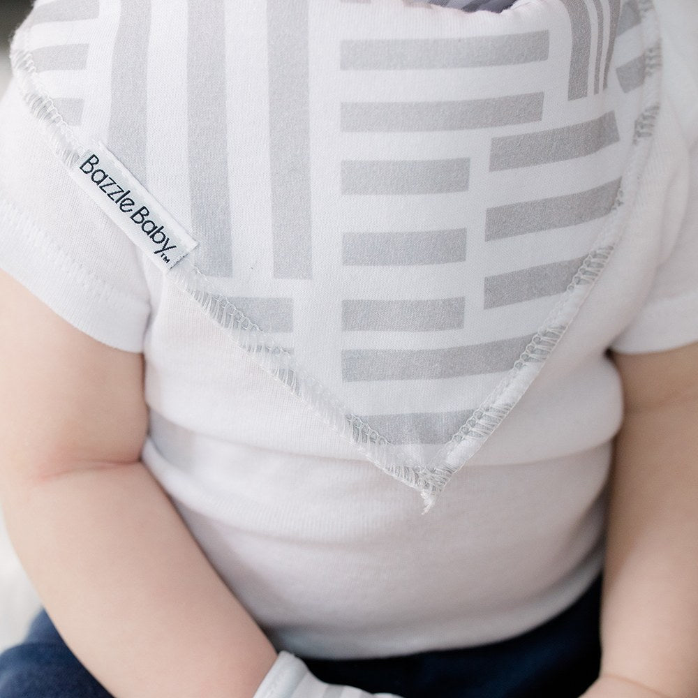 Bazzle Baby Bandana Bib in white and grey variated stripes.