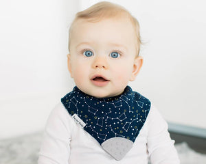 Baby wearing Bandana Drool Bib with Silicone Teether Attached