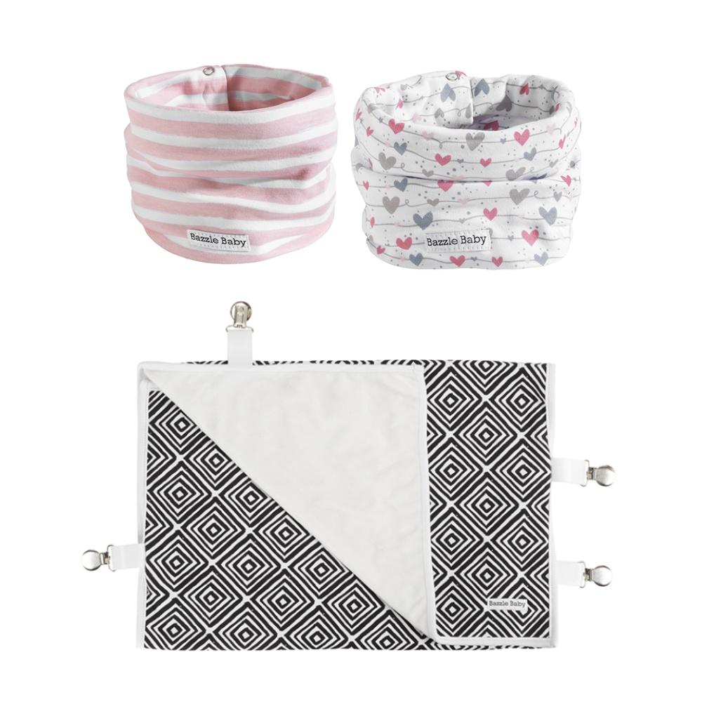 Wavy lines and hearts baby infinity scarf style drool bib and travel stroller blanket with clips.