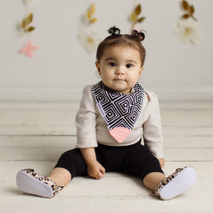 Baby wearing Bandana Drool Bib with Silicone Teether Attached