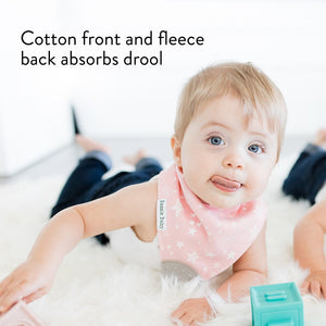Bazzle Baby bandana bib with teether in stars on pink.