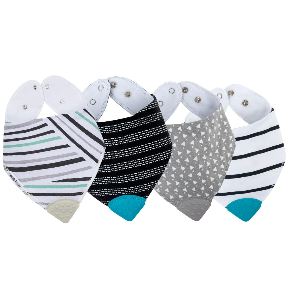  4 - Pack Baby Bandana Drool Bibs with Silicone Teether Attached - Cotton and Fleece 