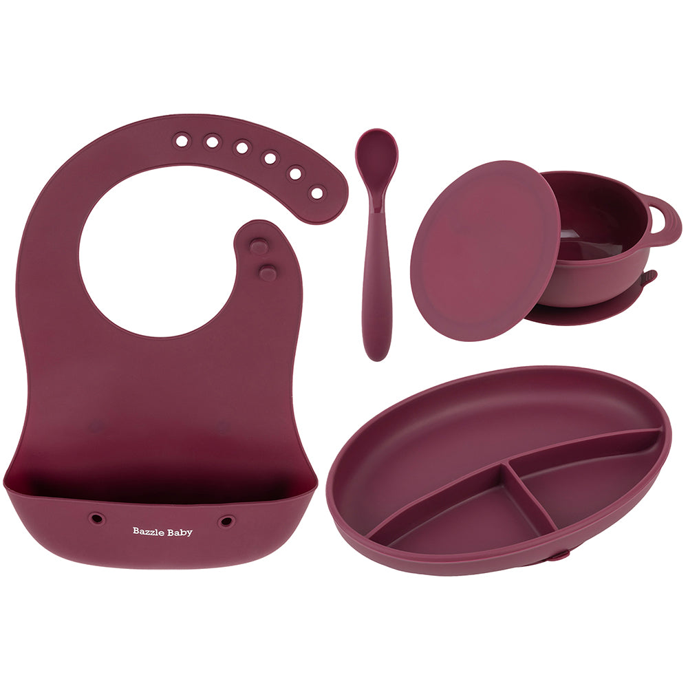 Silicone Feeding Set with Bib, Bowl, Plate and Spoon in Cranberry.