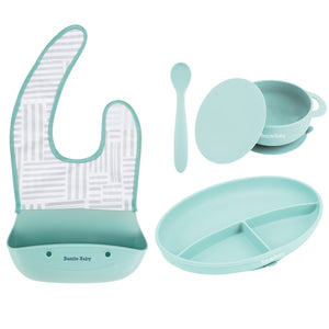 Silicone Feeding Set with Bib, Bowl, Plate and Spoon in Mint.
