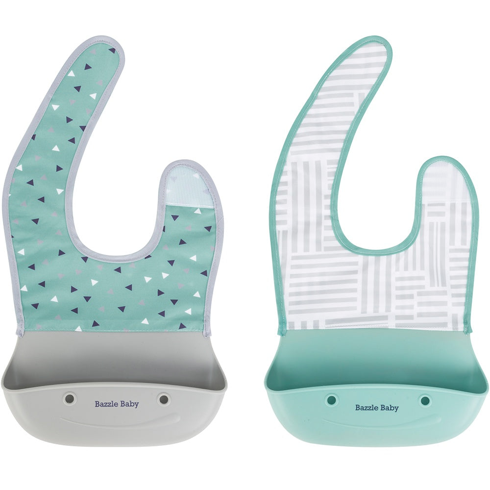 2 - pack of silicone baby bibs with food catching pocket in mint & grey.