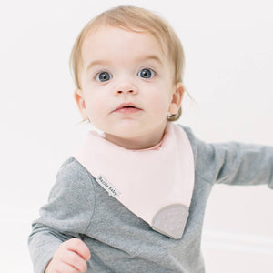 Baby wearing Bandana Drool Bib with Silicone Teether Attached