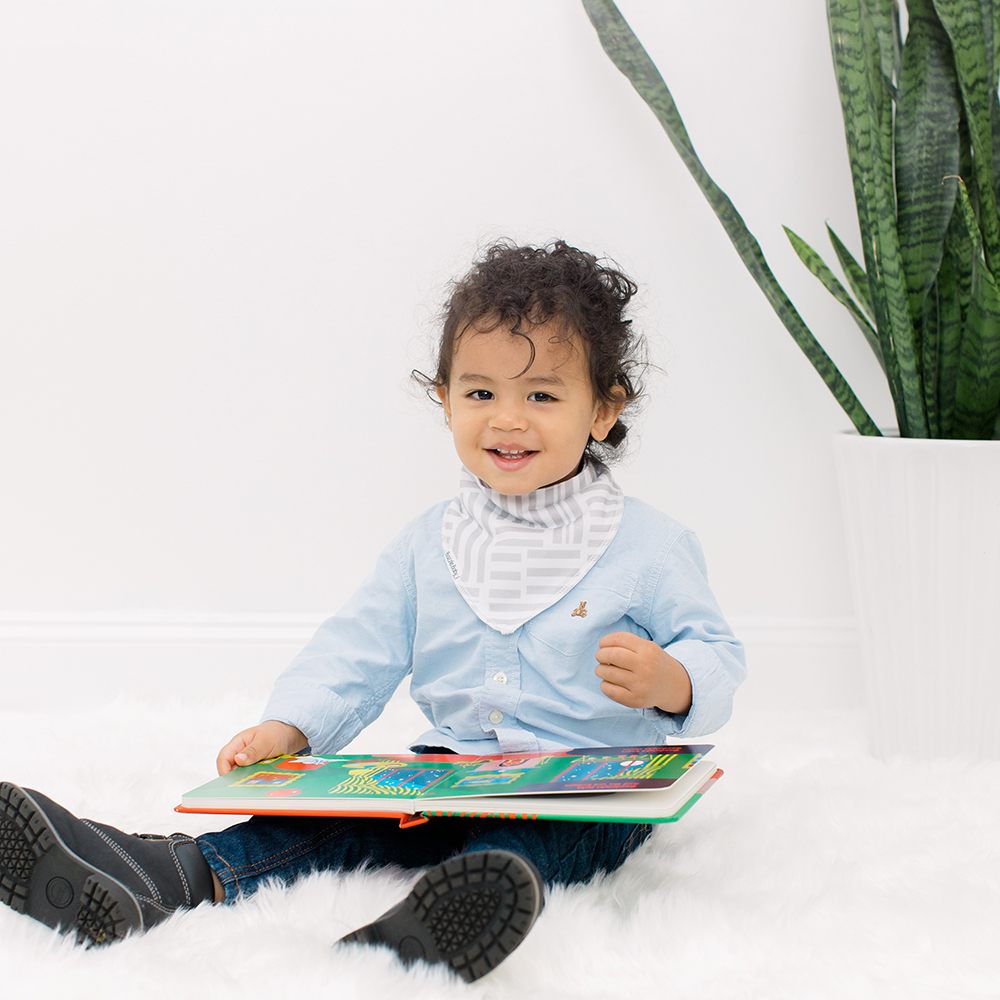 Bazzle Baby Bandana Bib in white and grey variated stripes.