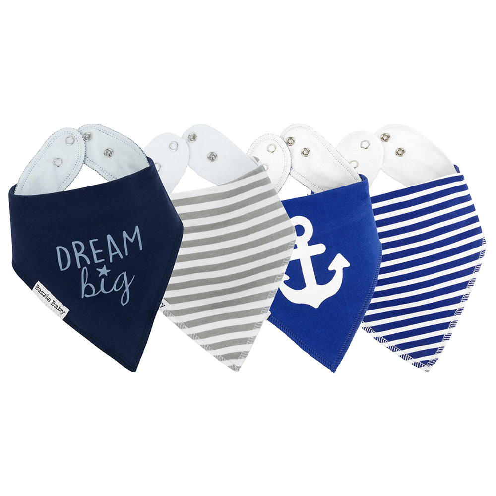 Bazzle Baby Bandana Bibs with blue stripes, grey stripes, blue anchor and blue bib with "dream big" inscription.
