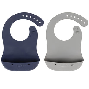 2 - pack of silicone baby bibs with food catching pocket in navy & grey.