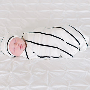 Bazzle Baby Forever Swaddle and Hat Set in classic black and white stripe.