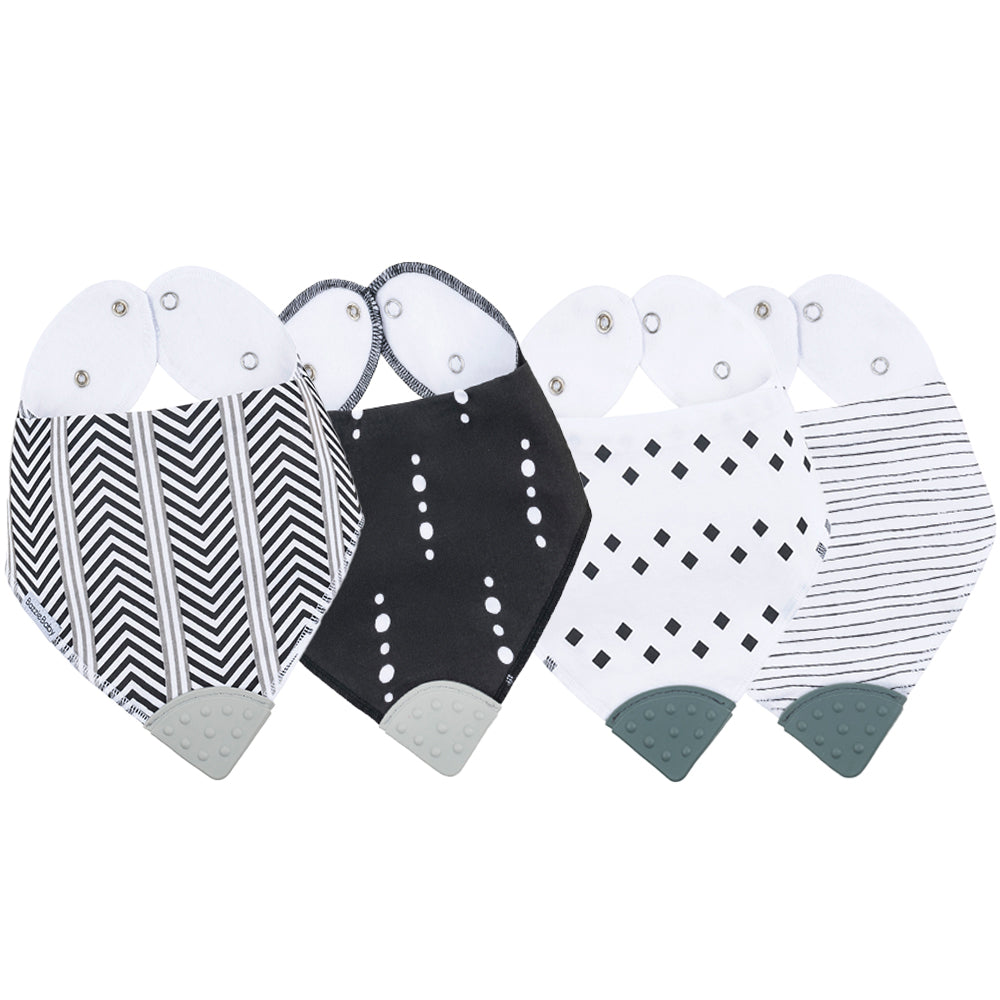 4 - Pack Baby Bandana Drool Bibs with Silicone Teether Attached - Cotton and Fleece 