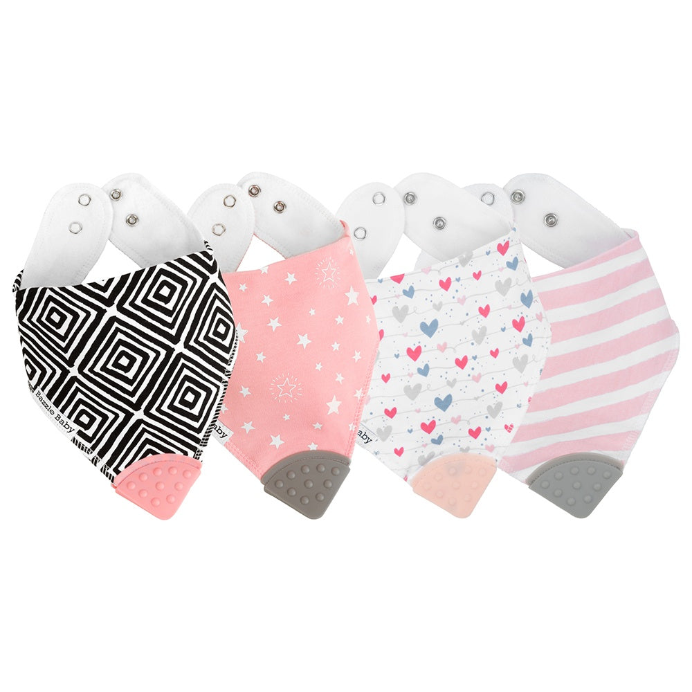 Bazzle Baby bandana bibs with teethers in black and white, pink stars, hearts and stripes.