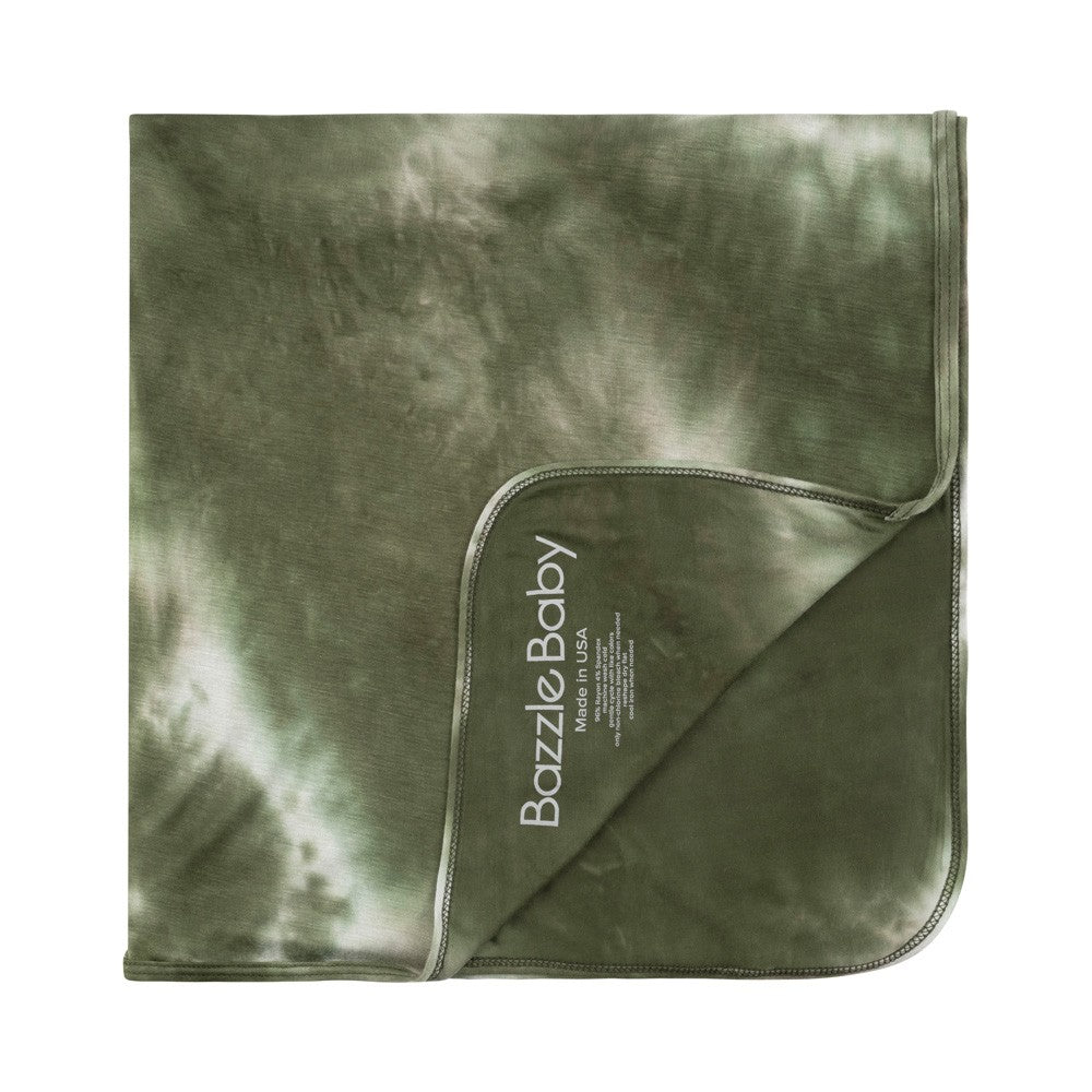 Bazzle Baby Forever Swaddle and Hat Set in olive tie-dye, with heat seal label to not irritate baby..