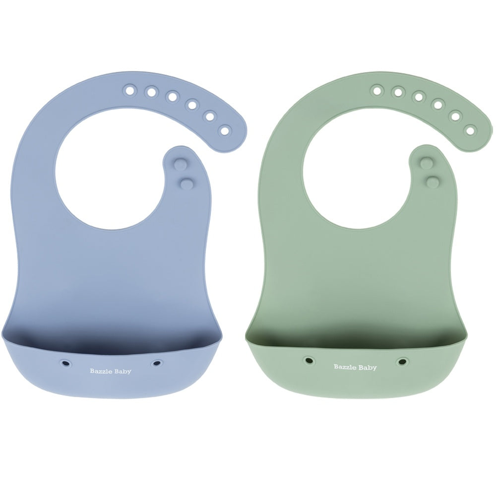 2 - pack of silicone baby bibs with food catching pocket in periwinkle & sage.