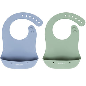 2 - pack of silicone baby bibs with food catching pocket in periwinkle & sage.