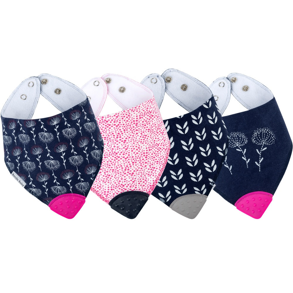 4 - Pack Baby Bandana Drool Bibs with Silicone Teether Attached - Cotton and Fleece  
