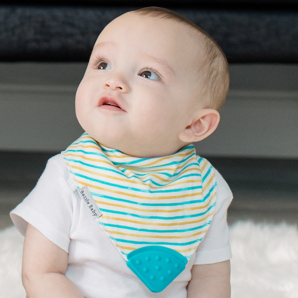 Baby wearing Bandana Drool Bib with Silicone Teether Attached